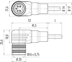 M16 IP67 female angled connector, Contacts: 8 DIN, shielded, moulded on cable, IP67, Shielded cable, PUR black, 8 x 0.25 mm²