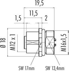 M12-A Kod, 5 Kontak Dişi Panel Tip, M16x1,5