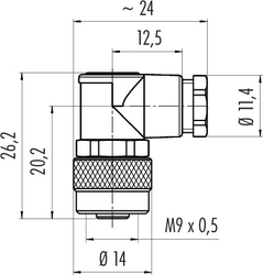 M9 IP67 female angled connector, Contacts: 4, 3.5 - 5.0 mm, shielding is not possible, solder, IP67