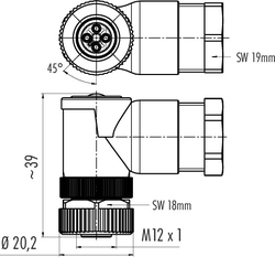 M12-T female angled connector, Contacts: 4, 8.0 - 10.0 mm, not shielded, screw clamp, IP67, UL, VDE