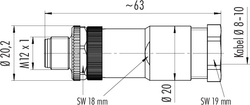 M12-S cable connector, Contacts: 2+PE, 8.0 - 10.0 mm, screw clamp, IP67, UL