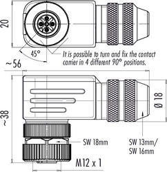 M12-A female angled connector, Contacts: 4, 4.0 - 6.0 mm, shielded, screw clamp, IP67, UL