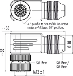 M12-A female angled connector, Contacts: 12, 6.0 - 8.0 mm, shieldable, solder, IP67, UL