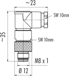 M8 male angled connector, Contacts: 4, 3.5 - 5.0 mm, not shielded, solder, IP67, UL listed