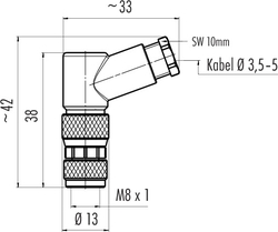M8 female angled connector, Contacts: 3, 3.5 - 5.0 mm, not shielded, screw clamp, IP67, UL listed
