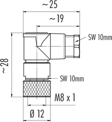 M8 female angled connector, Contacts: 3, 3.5 - 5.0 mm, not shielded, solder, IP67, UL listed