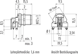 M12-A integrated plug, Contacts: 4, not shielded, dip-solder, IP68, UL, for PCB assembly