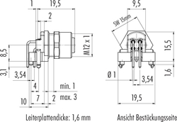 M12-A integrated socket, Contacts: 8, not shielded, dip-solder, IP68, UL, for PCB assembly