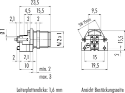 M12-D integrated plug, Contacts: 4, shieldable, dip-solder, IP67, UL