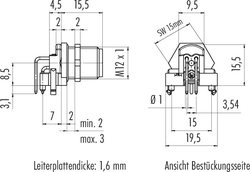 M12-B integrated plug, Contacts: 5, not shielded, dip-solder, IP67, UL