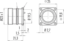 M23 square male panel mount connector, Contacts: 9, shielding is not possible, solder, IP67, front mounting